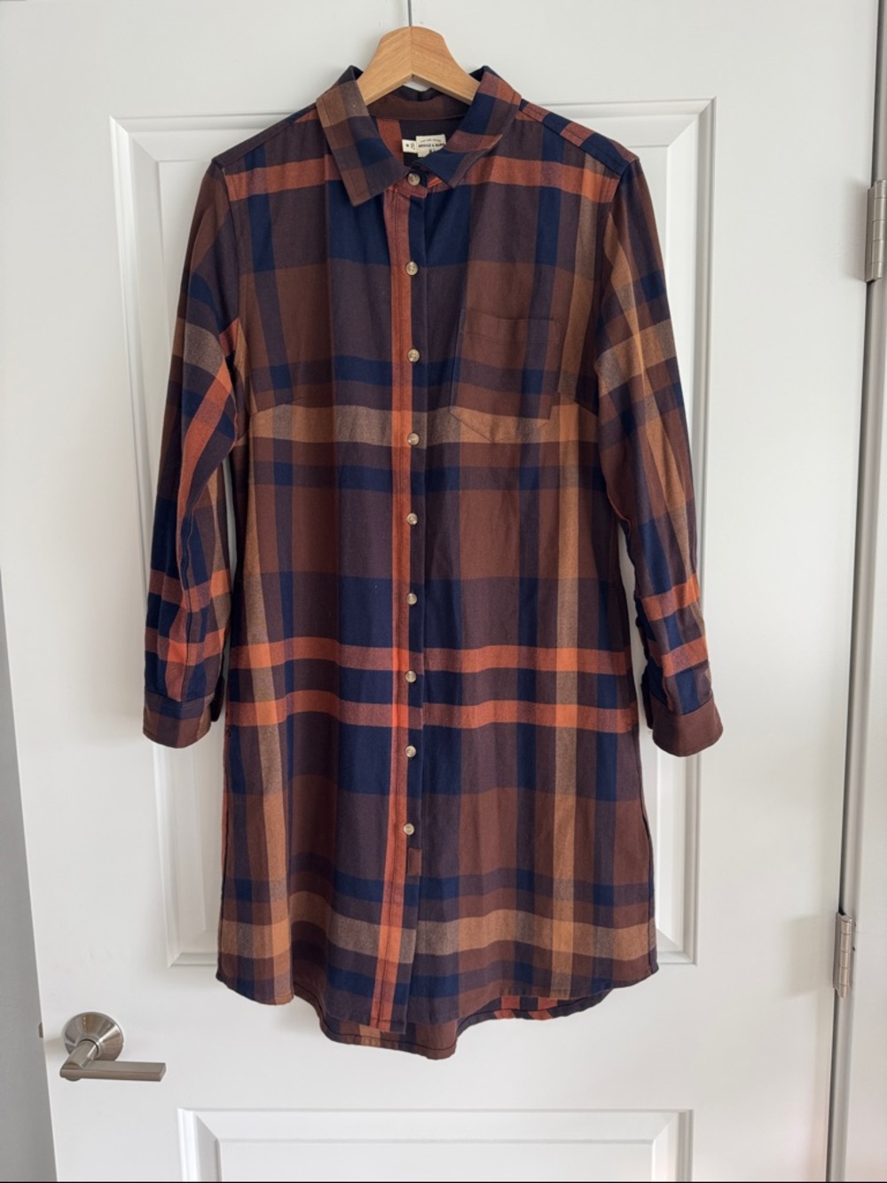 Bridge & Burn Plaid Button Down Shirt Dress / tunic / long top Rust Navy Brown - Picture 1 of 5